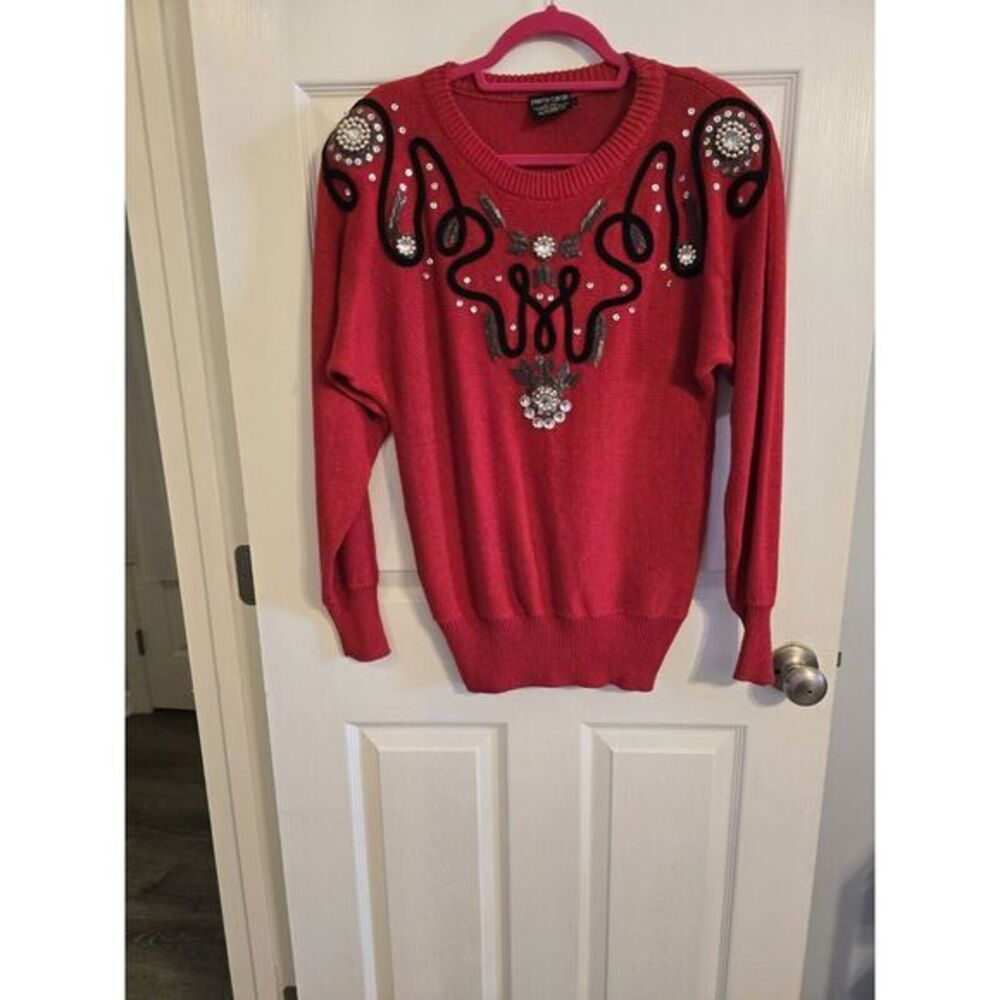 Pierre Cardin Women's Red Jeweled Embroidered Sweater Small